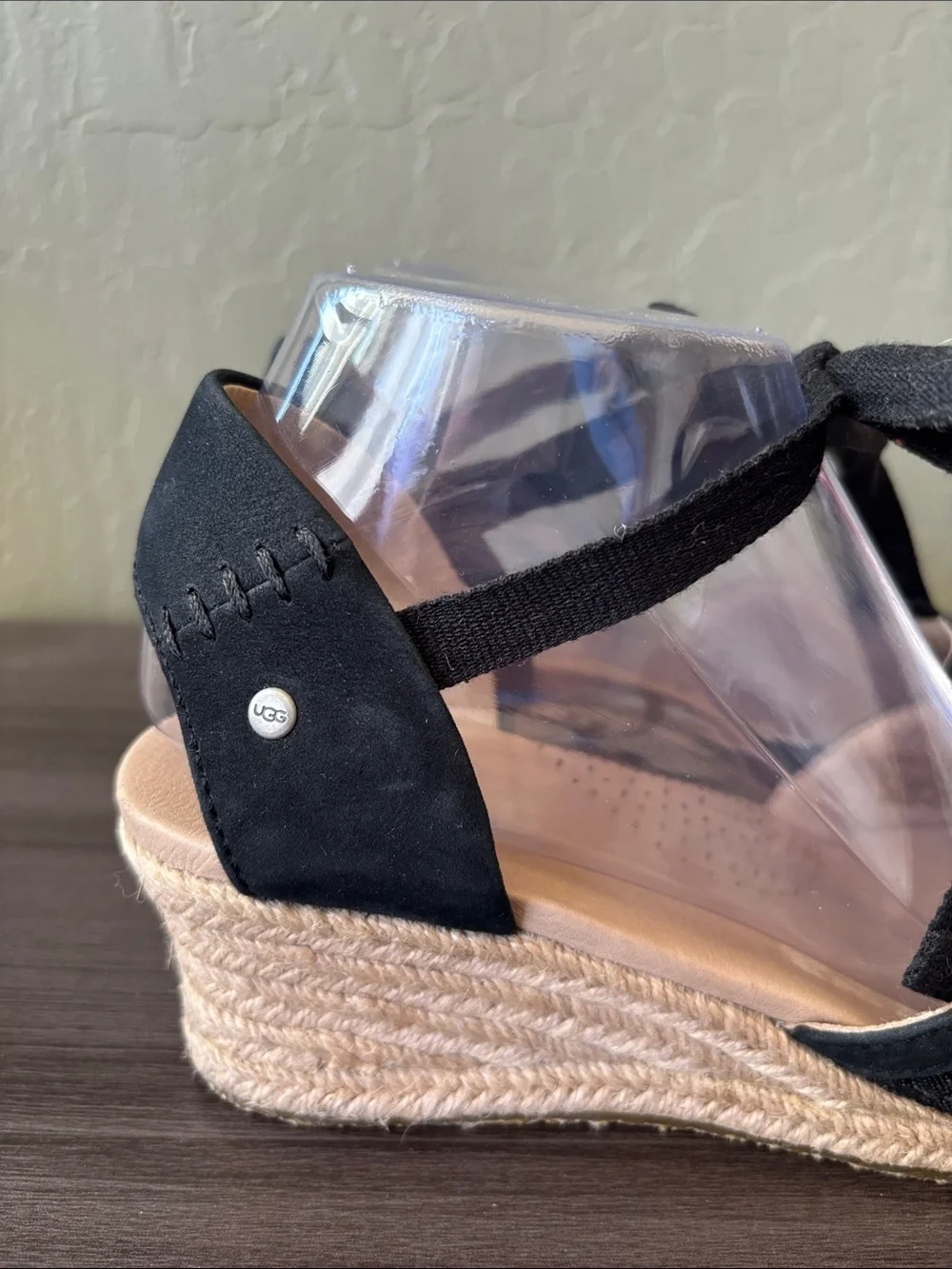 UGG Delmar Black Woven Jute Espadrille Wedge Ankle Tie Sandal Size 8